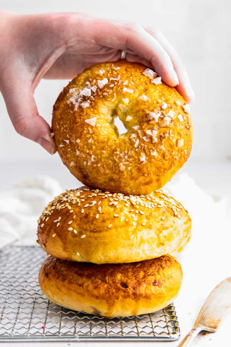 3 stacked homemade bagels