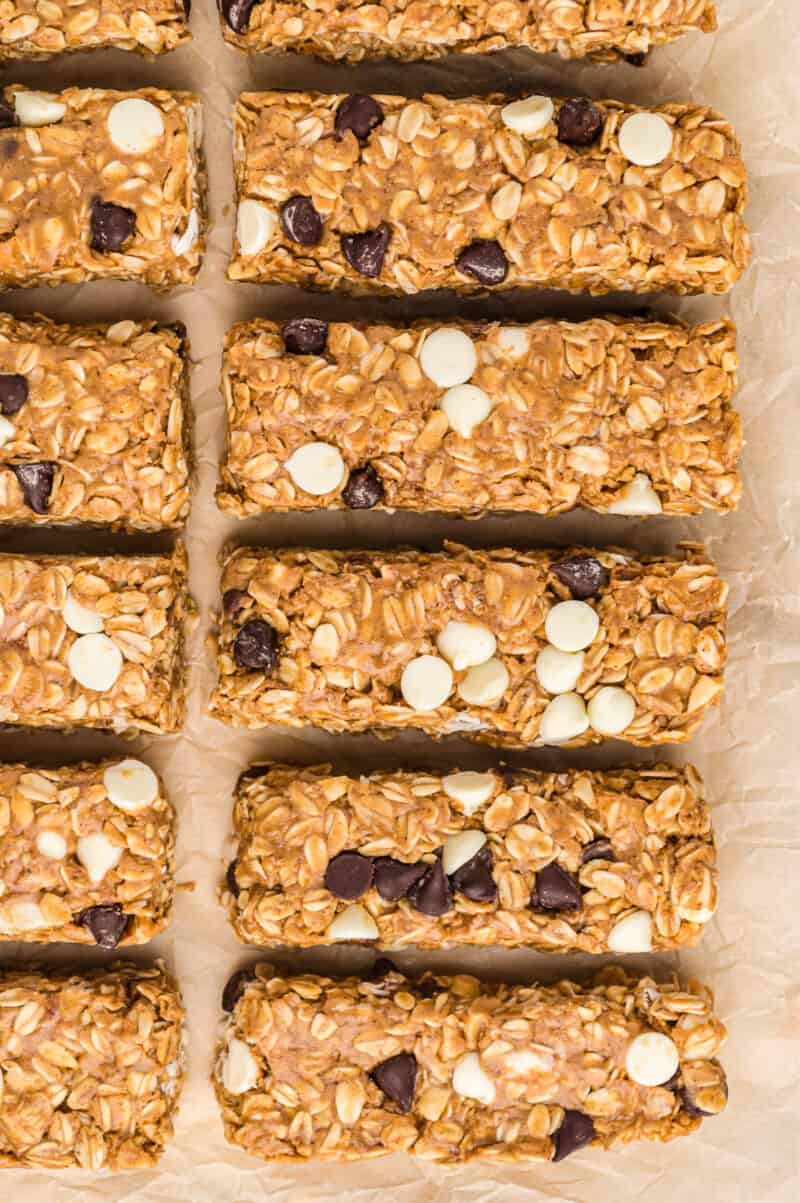 overhead image of cut homemade granola bars with chocolate chips