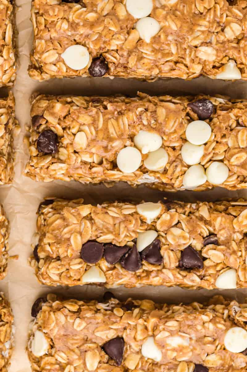 up close overhead image of cut homemade granola bars with chocolate chips