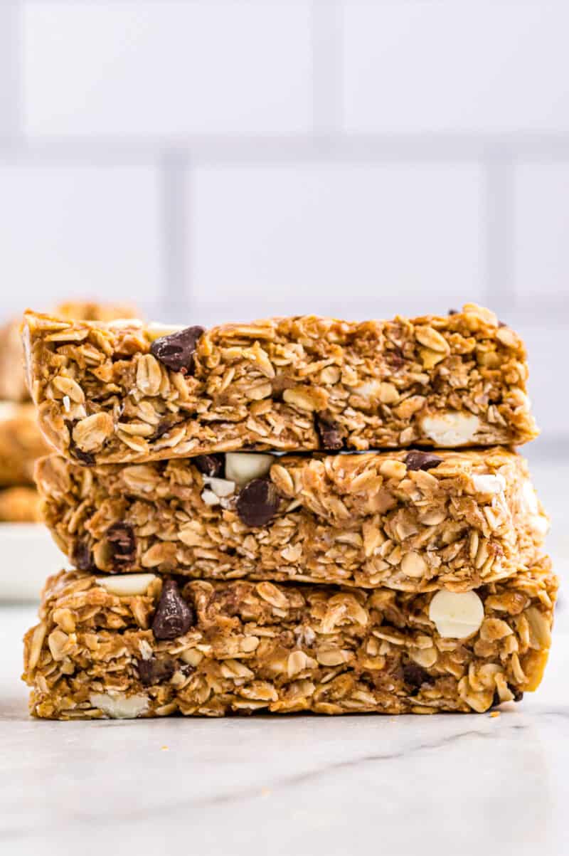 3 stacked double chocolate chip granola bars