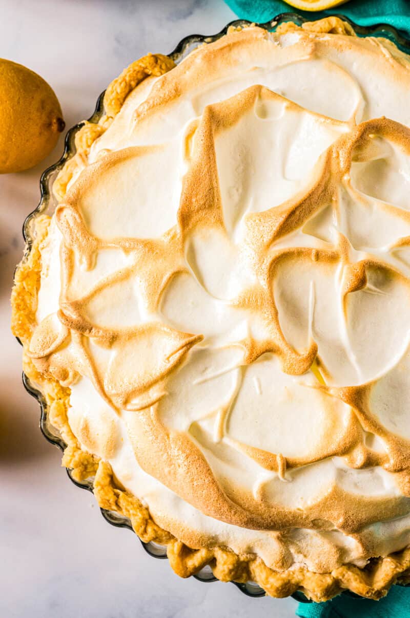 up close overhead lemon meringue pie in pie plate