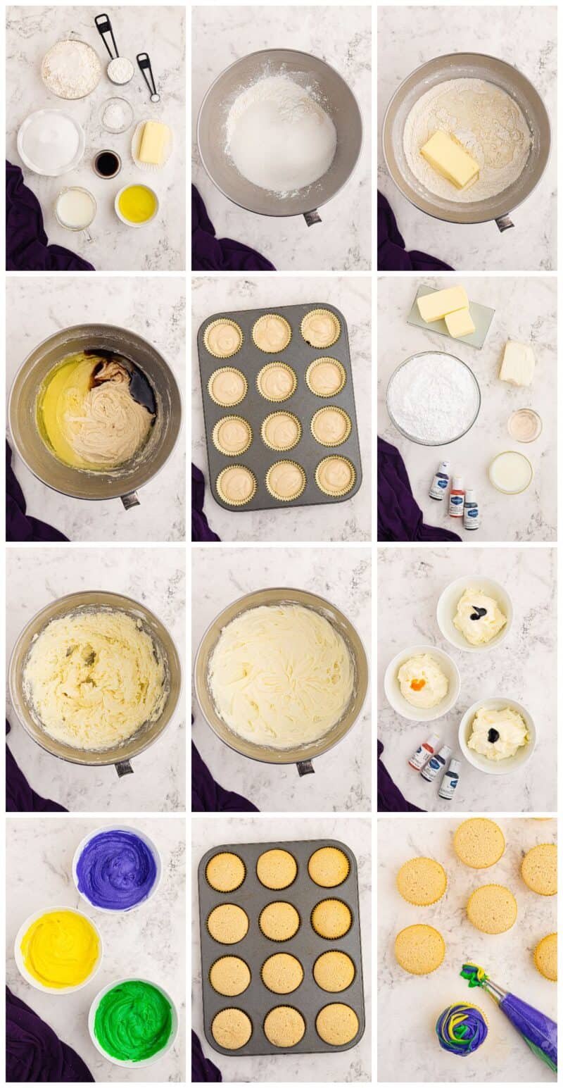 step by step photos for how to make mardi gras cupcakes