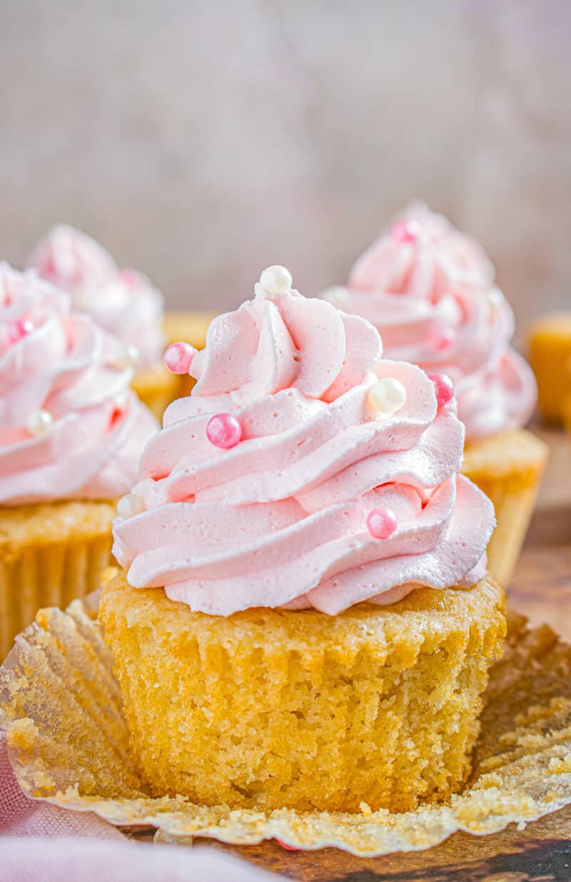 up close pink champagne cupcakes with pink champagne buttercream