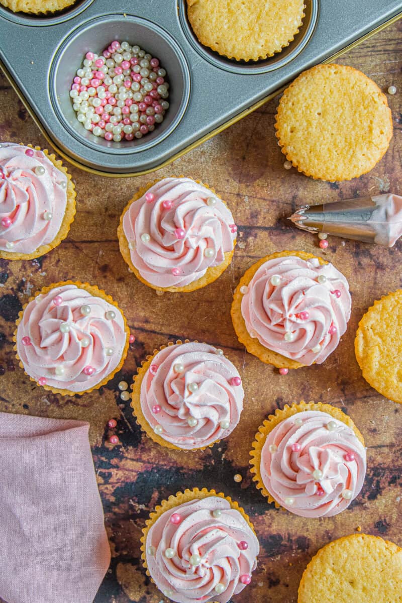 overhead image of pink champagne cupcakes