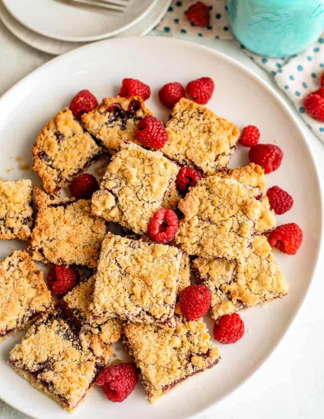 platter with raspberry crumb bars