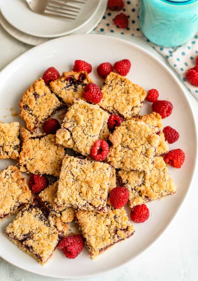 platter with raspberry crumb bars