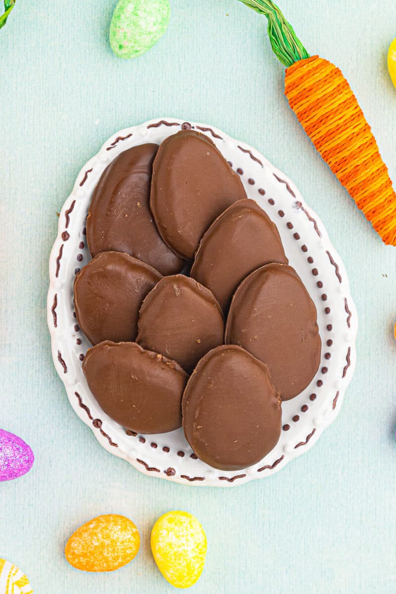 platter with stacked reese's peanut butter eggs