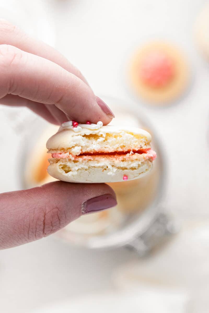 holding up strawberry macaron with bite out