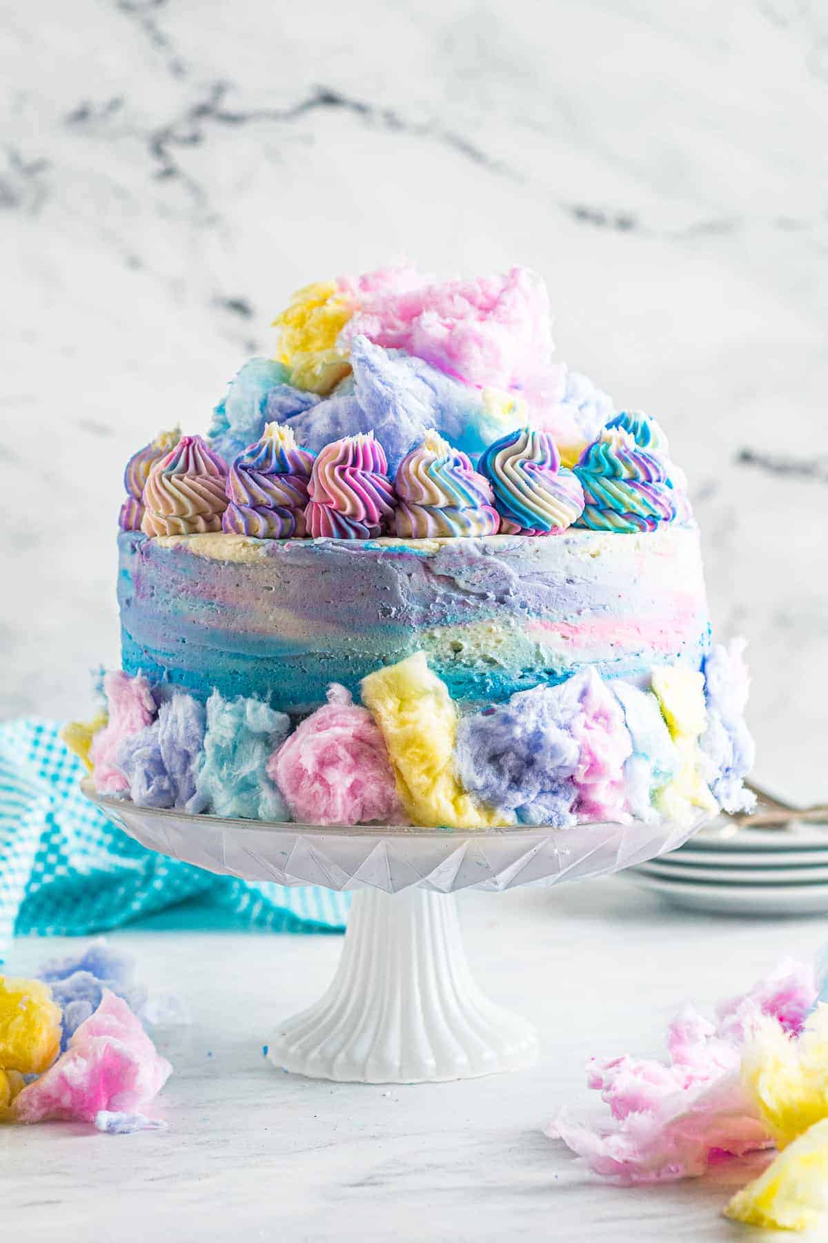 cotton candy cake on cake stand