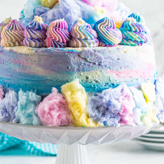 cotton candy cake on cake stand