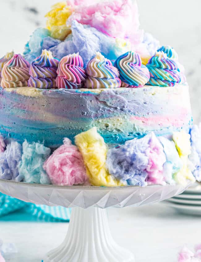 cotton candy cake on cake stand