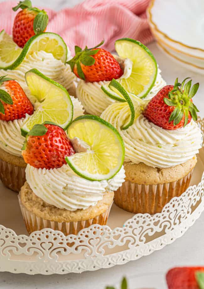 strawberry margarita cupcakes on platter