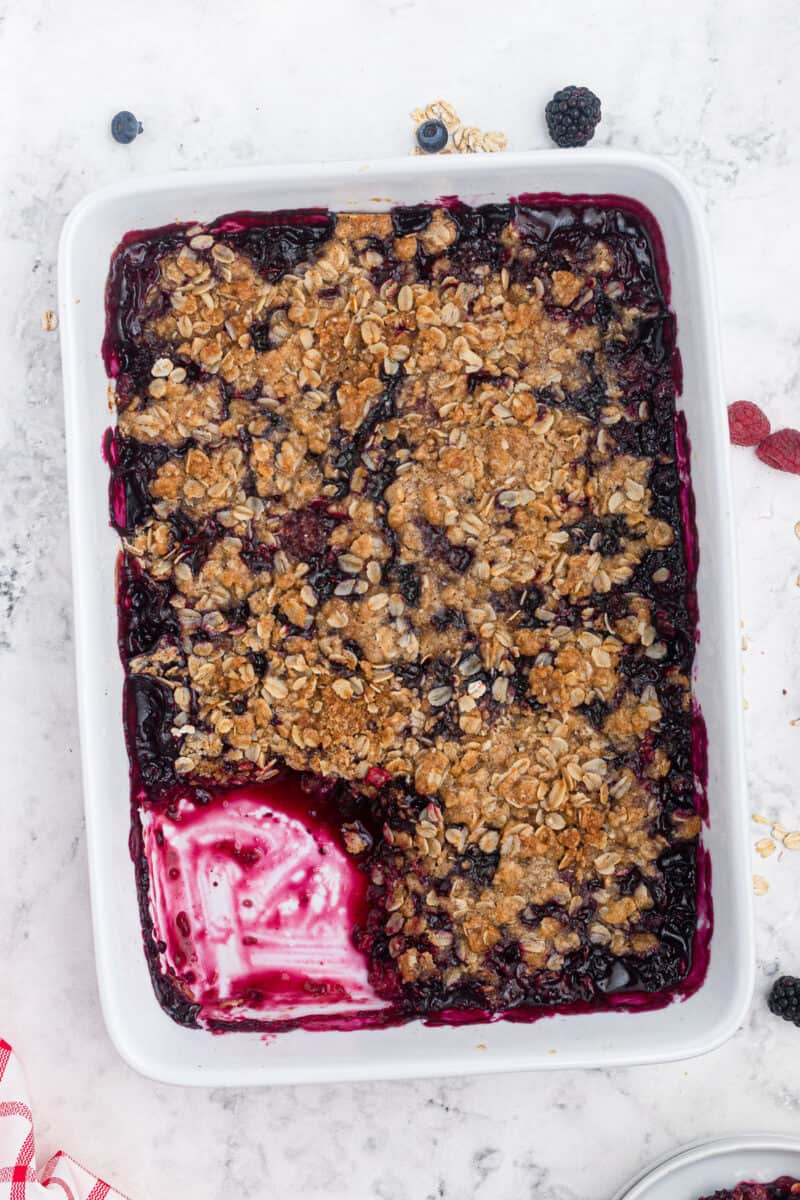 baking dish with berry crisp