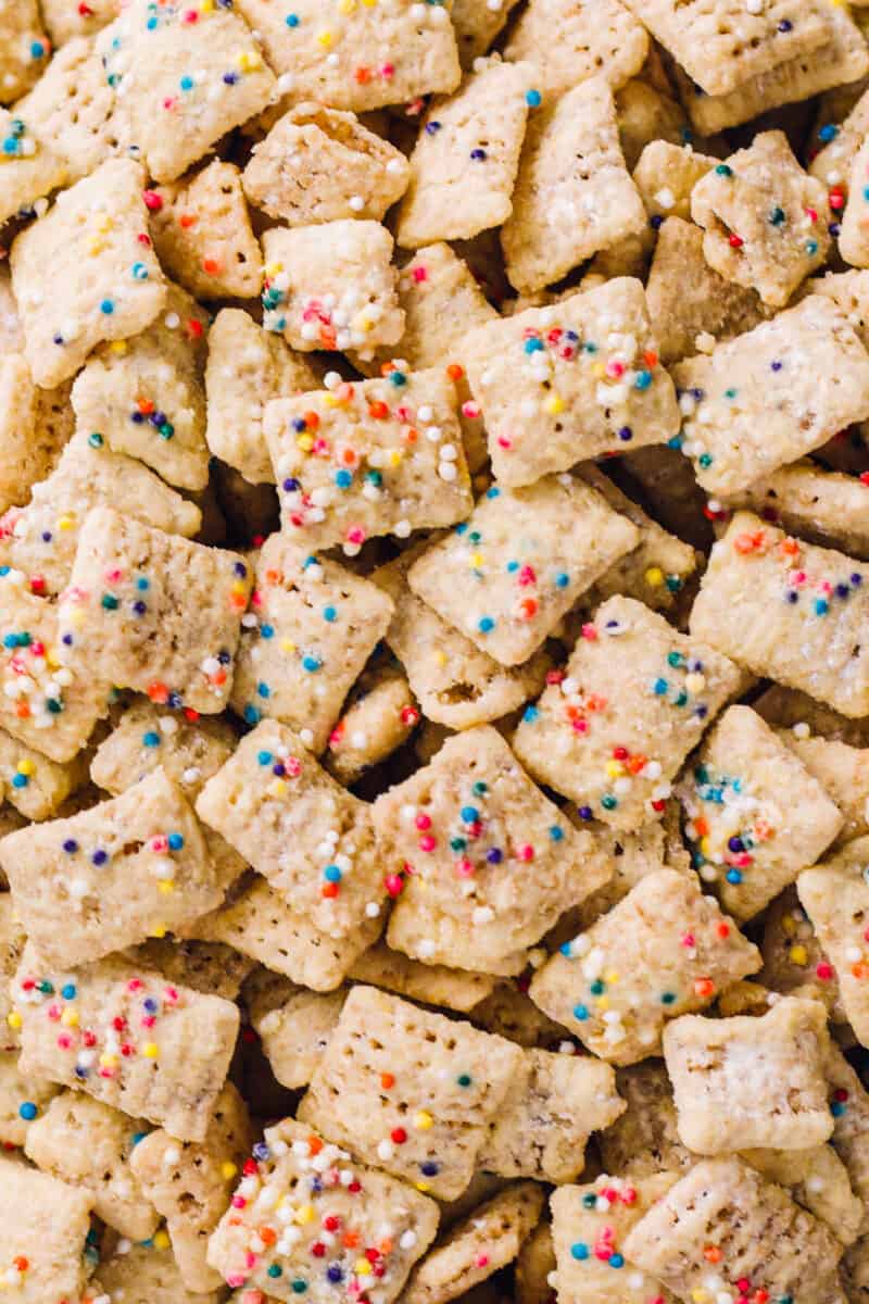 up close photo of cake batter puppy chow