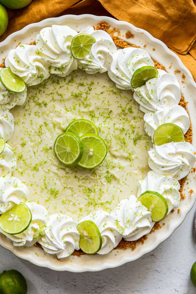 overhead image of key lime pie with whipped cream