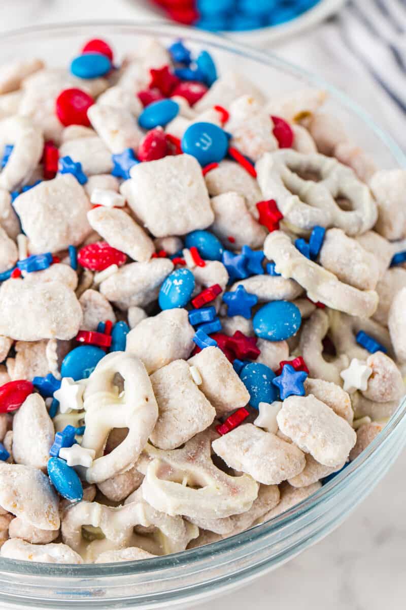 up close bowl of red white and blue patriotic puppy chow