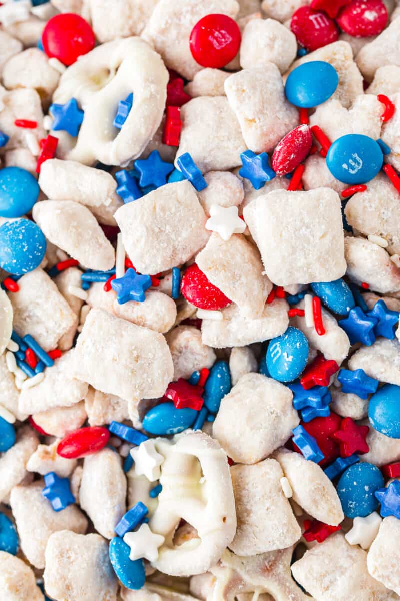 up close red white and blue 4th of july puppy chow