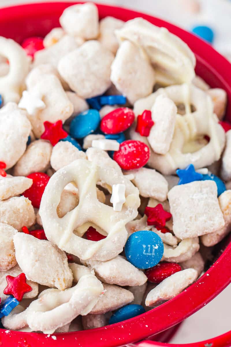 up close bowl of red white and blue patriotic puppy chow