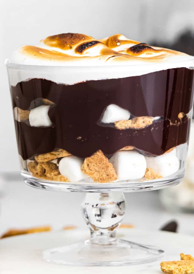 layered smores trifle in glass dish