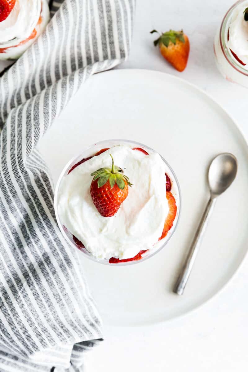 overhead strawberry shortcake trifles in glass dishes