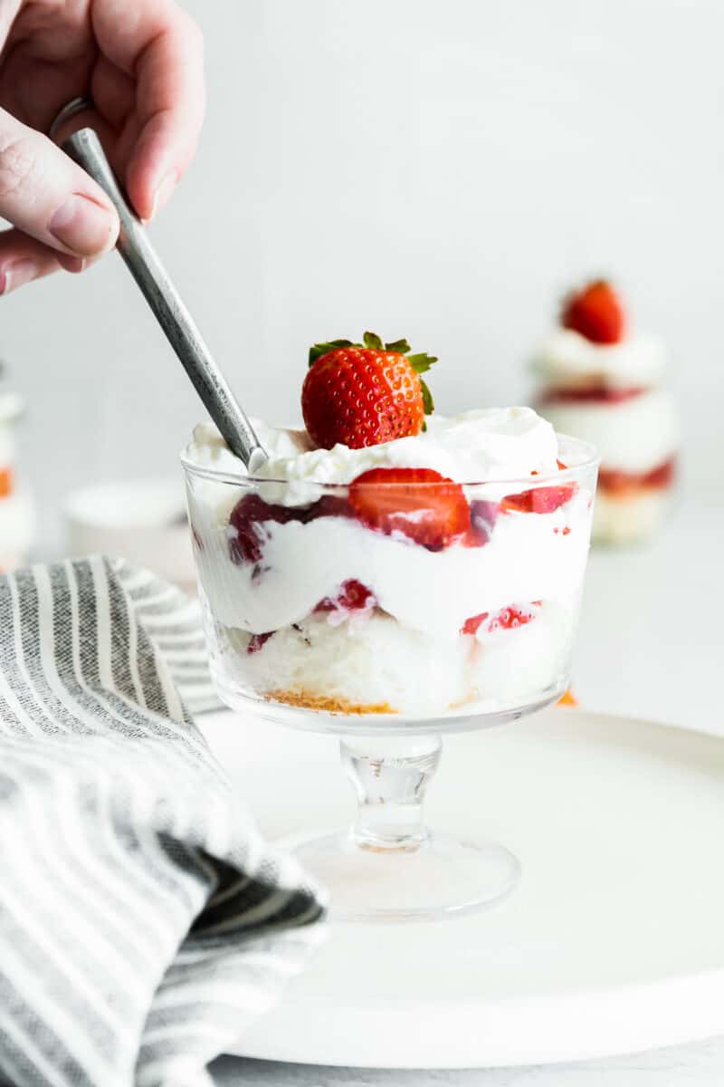 spoon in strawberry shortcake trifle