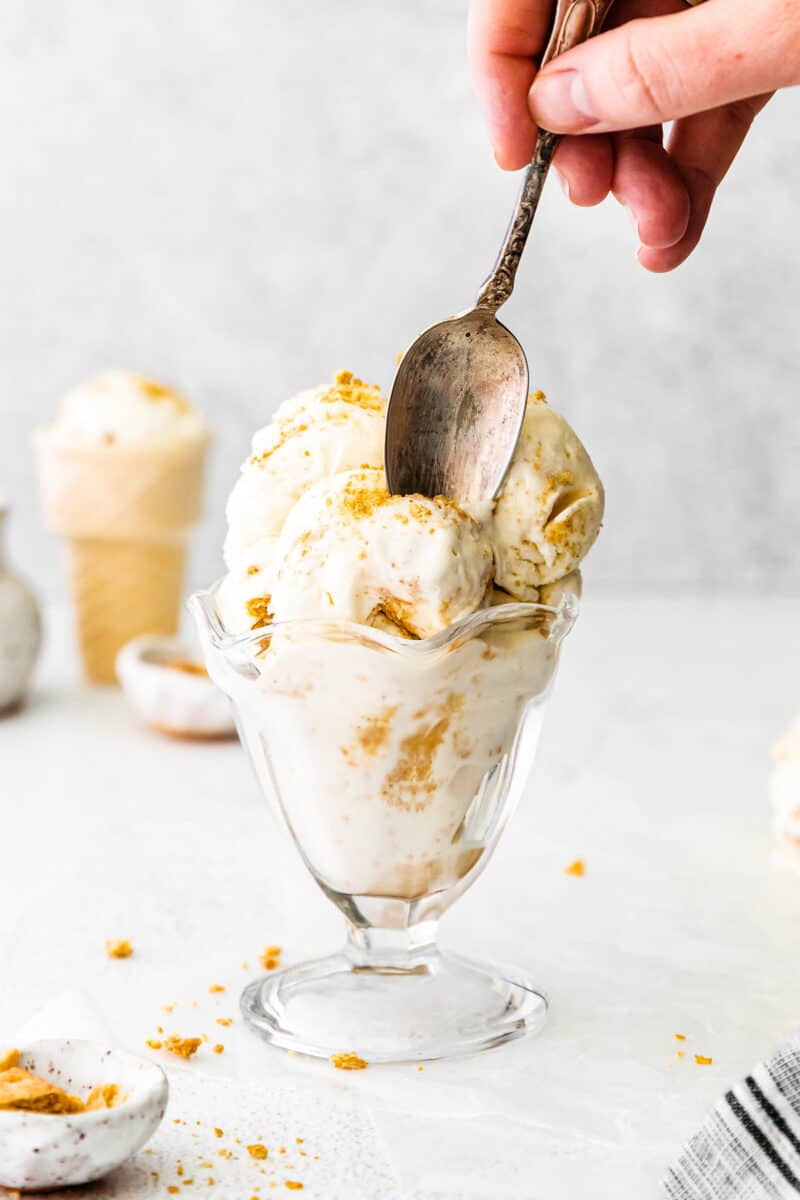 spoon in no churn cheesecake ice cream scoops in ice cream dish
