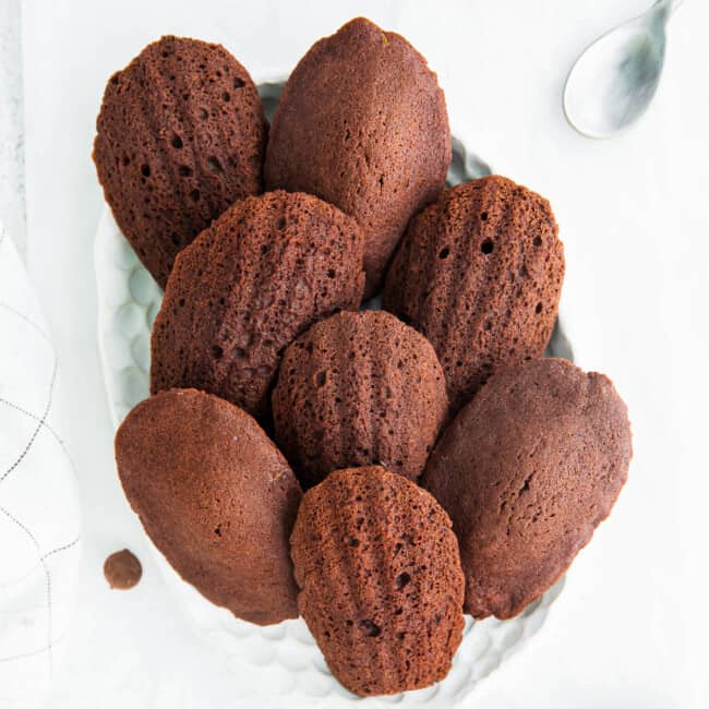 overhead chocolate madeleines on serving dish