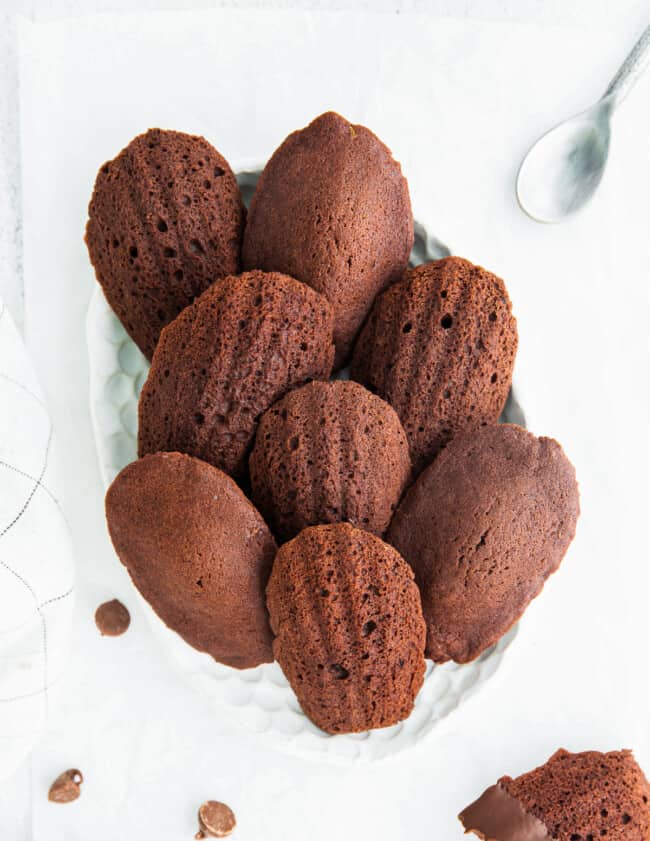 overhead chocolate madeleines on serving dish