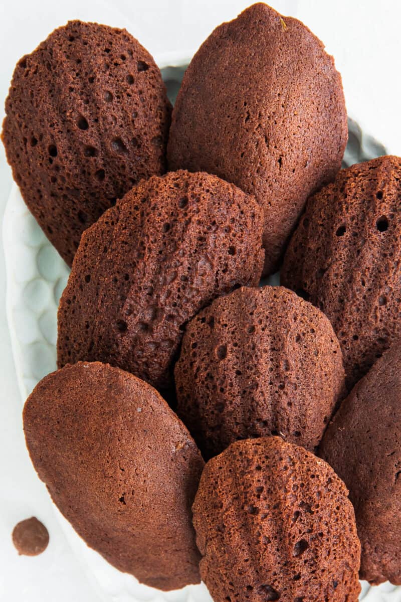 up close chocolate madeleines on serving dish
