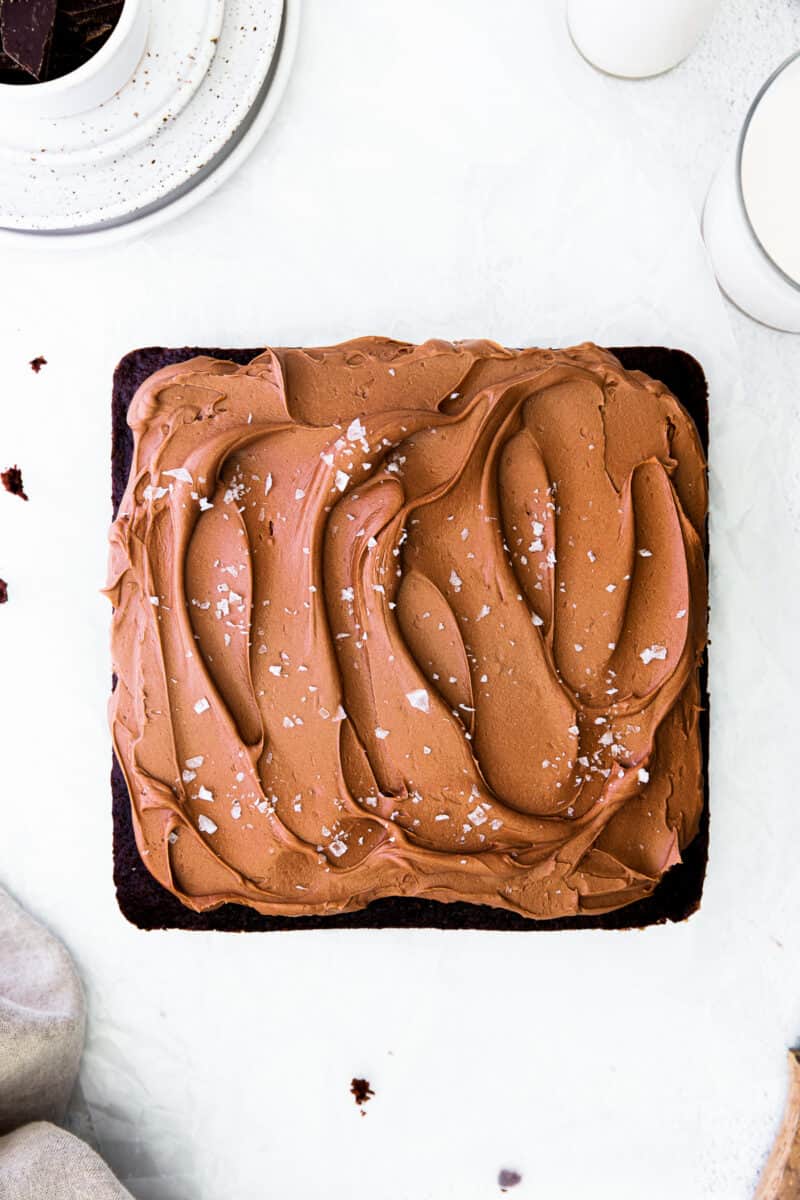 overhead chocolate cake with chocolate frosting
