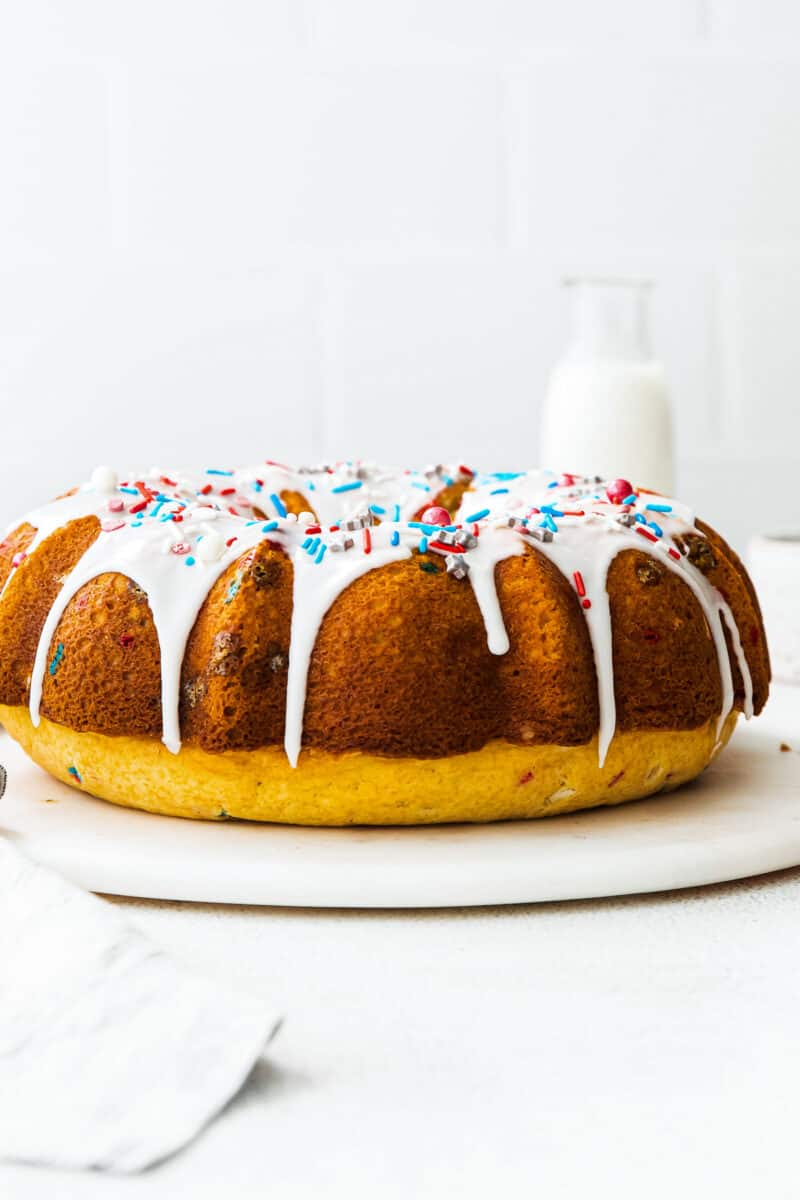 fourth of july bundt cake with icing on serving platter