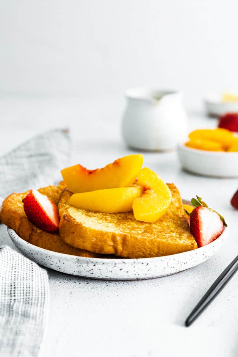 peach french toast on white plate
