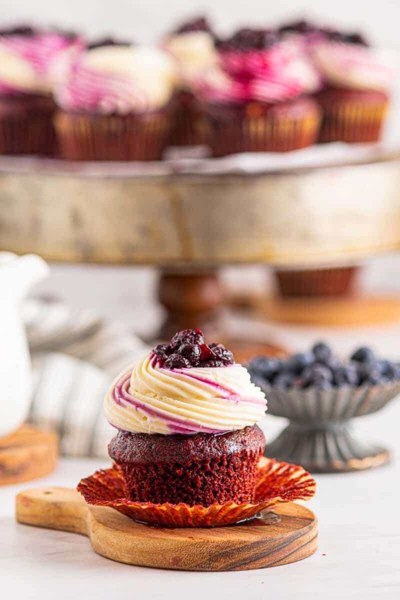 red velvet cupcakes with blueberry compote