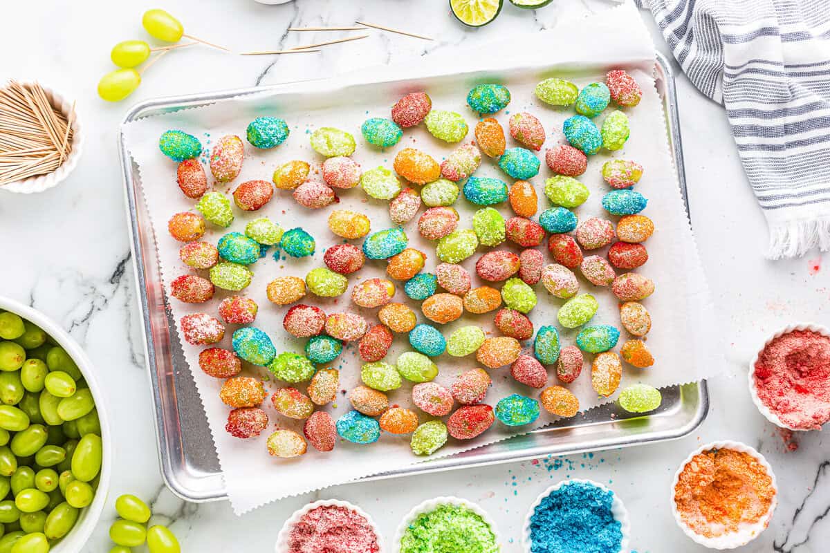 baking sheet with candy grapes made with jello