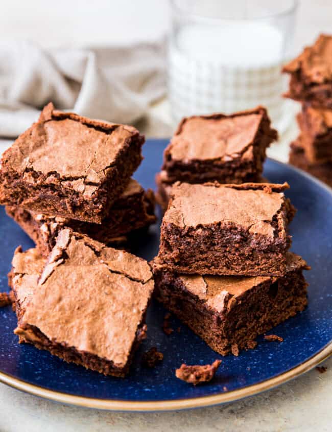 brownies on a blue serving platter