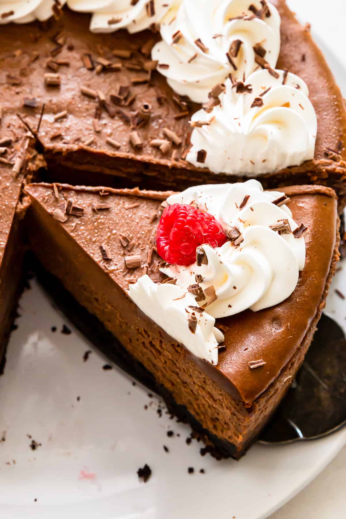 chocolate cheesecake with whipped cream and raspberries
