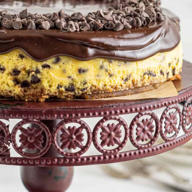 up close chocolate chip cheesecake on cake stand