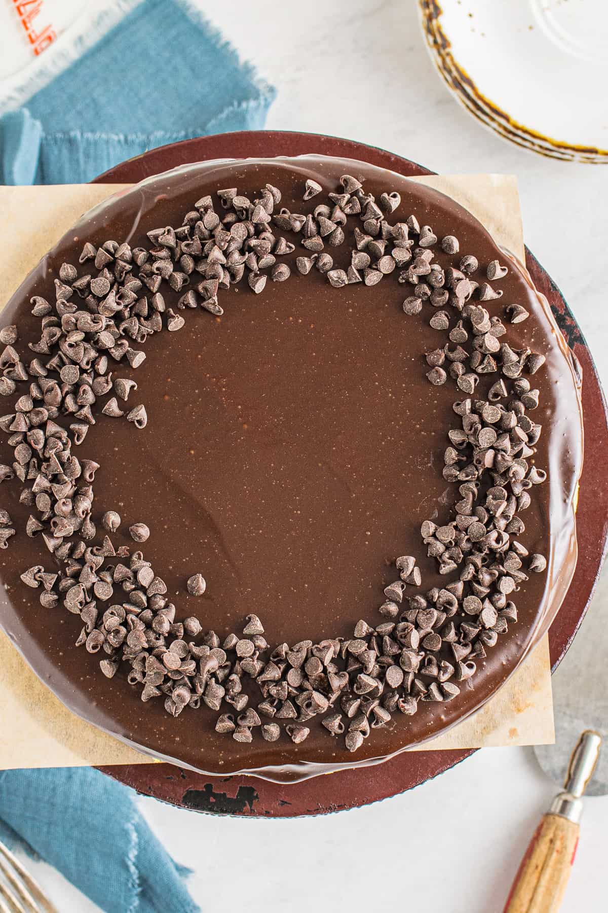 overhead chocolate covered chocolate chip cheesecake