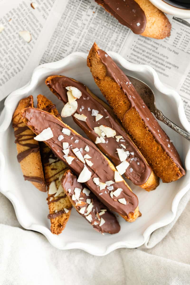 chocolate dipped biscotti in white bowl