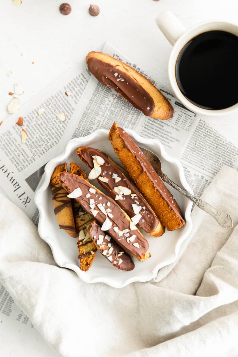 chocolate dipped biscotti in white bowl