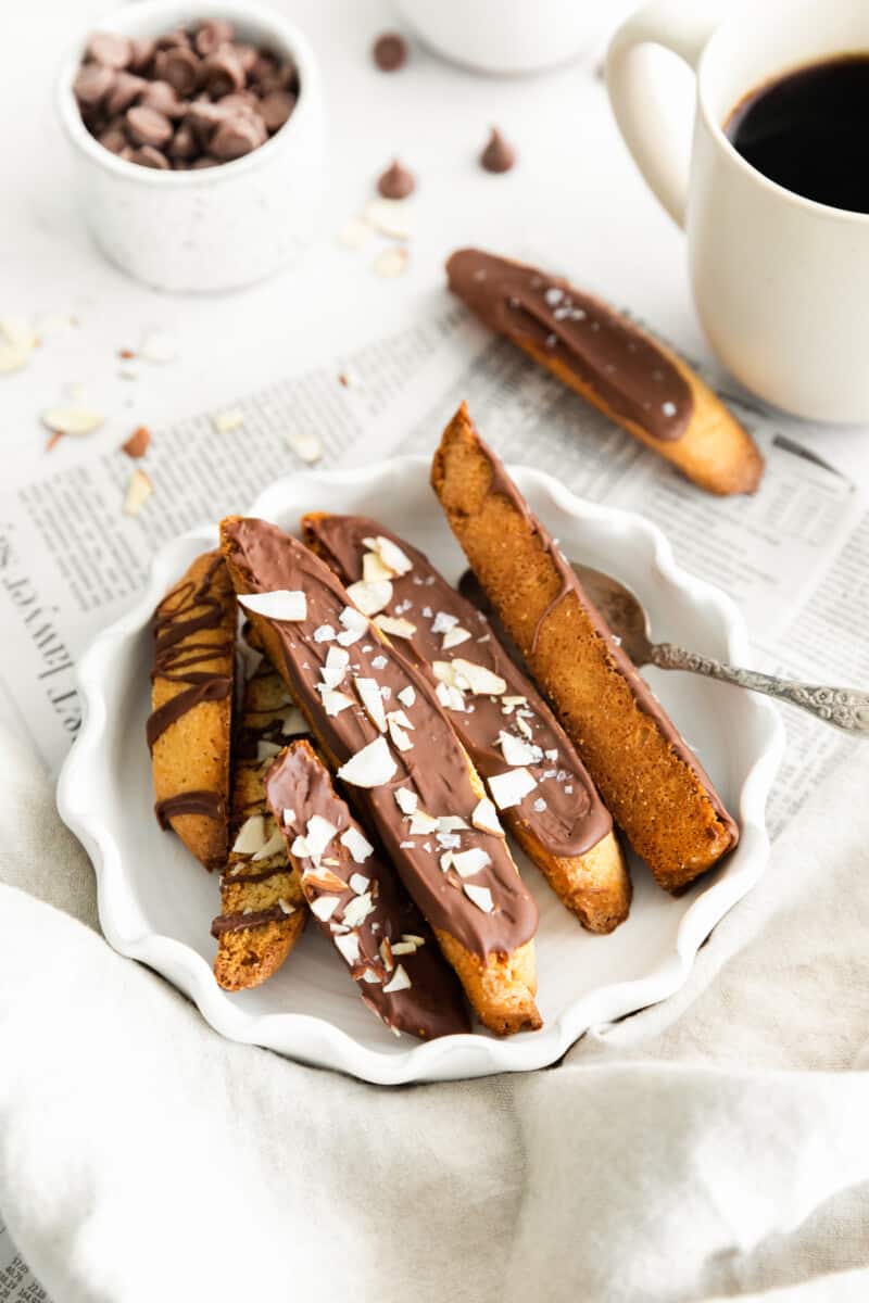 chocolate dipped biscotti in white bowlchocolate dipped biscotti in white bowl