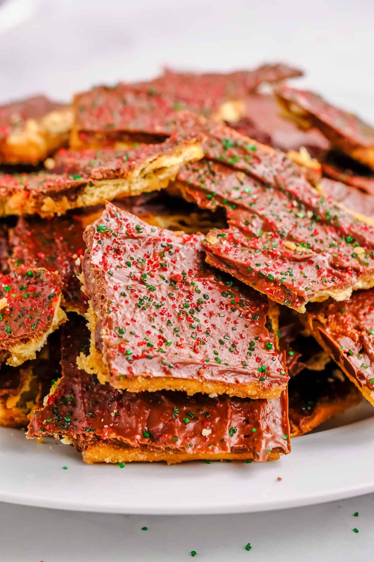 christmas cracker toffee on white plate