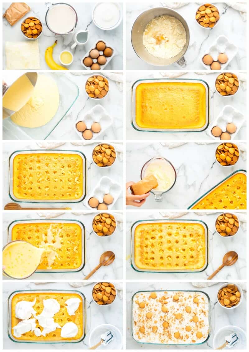 step by step photos for how to make banana cream pie poke cake