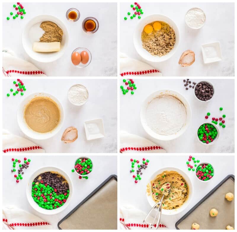 step by step photos for how to make christmas M&M cookies