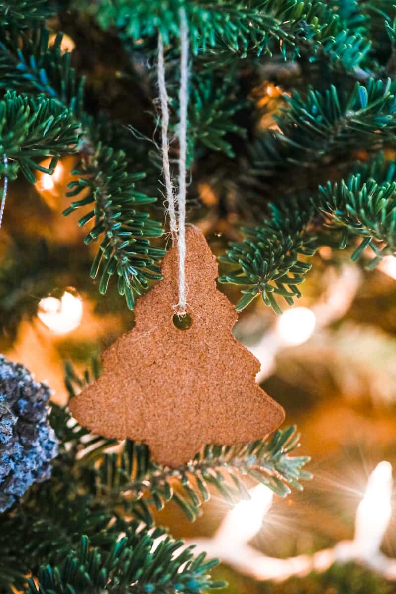 cinnamon ornament in the shape of a christmas tree hanging on a christmas tree
