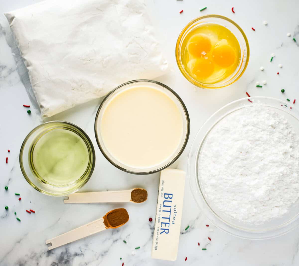 overhead view of ingredients for eggnog sheet cake.