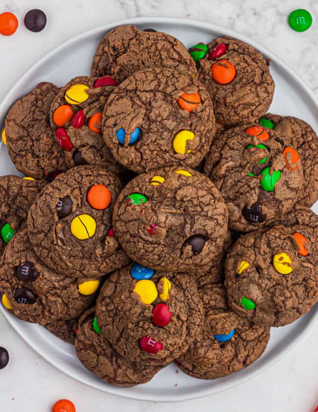 m&m brownie cookies on platter