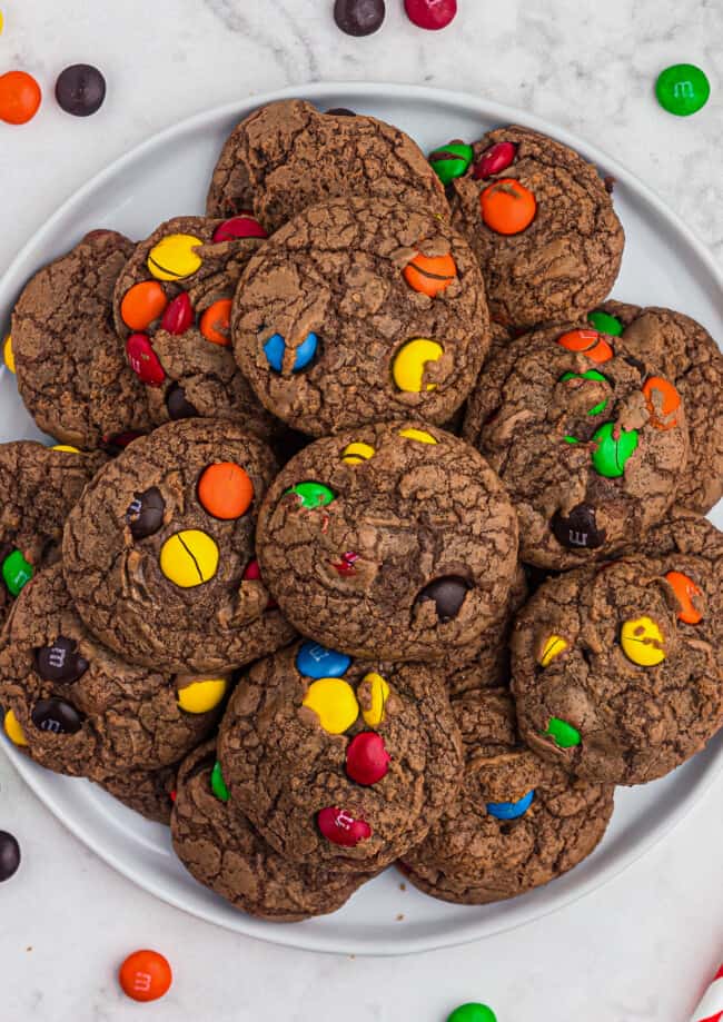 m&m brownie cookies on platter