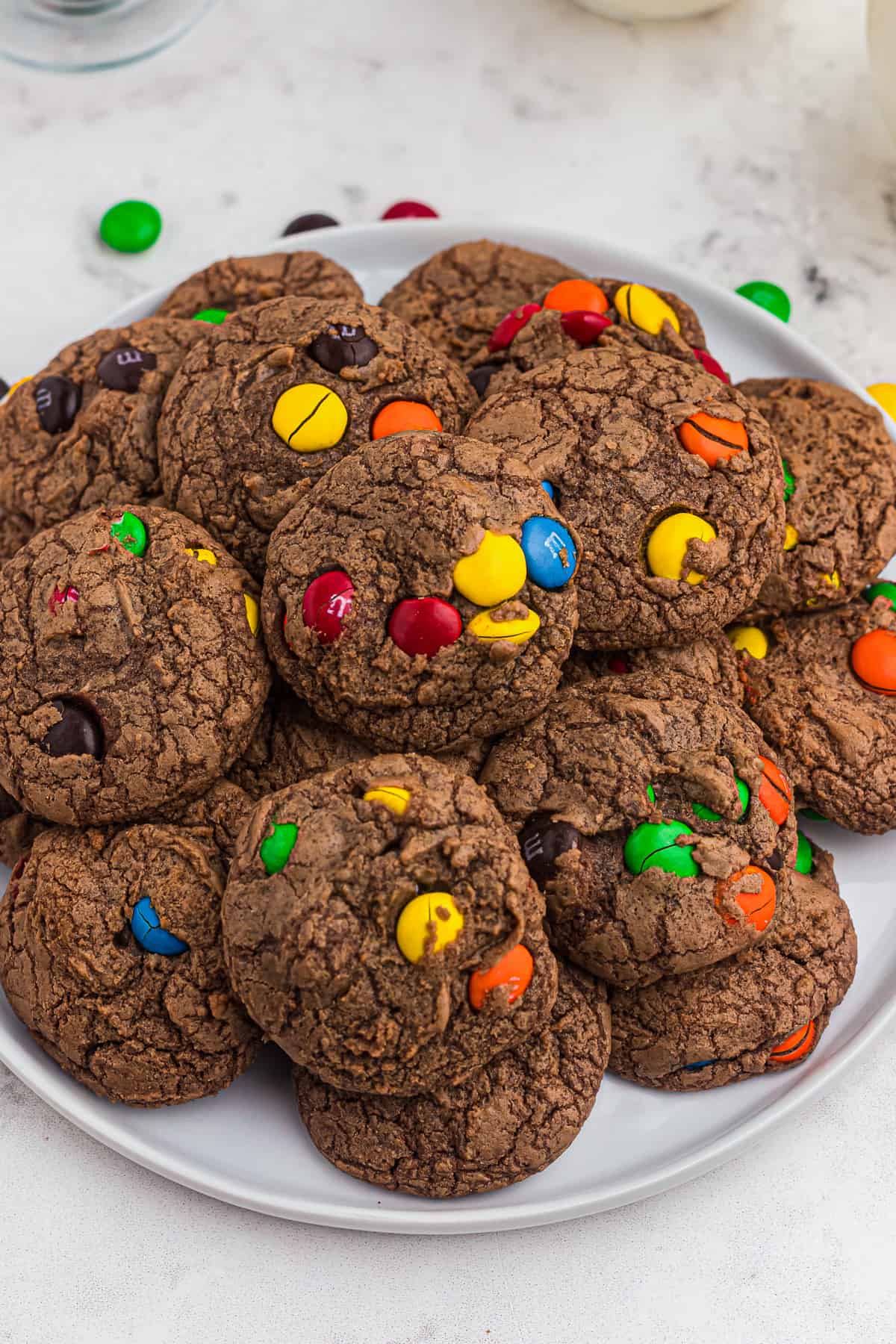 up close m&m brownie cookies on platter