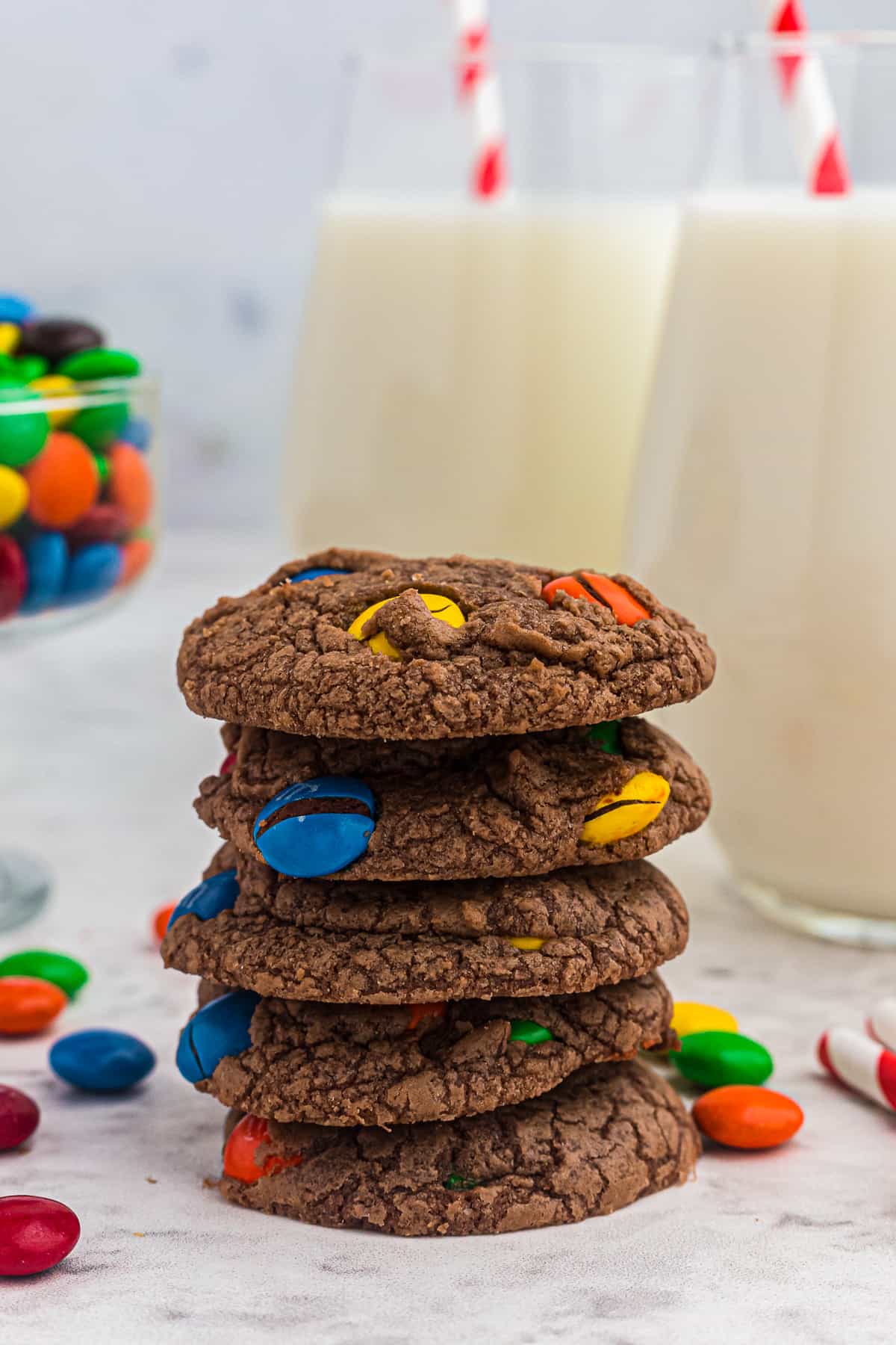 stacked m&m brownie cookies